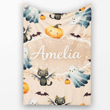 Halloween Ghost Pumpkin Cat Seamless Pattern Warm Beige Cute Spooky  Personalised Custom Name Super Soft Fleece Blanket Bed Sofa Throw