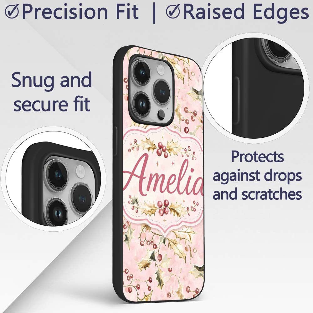 Elegant Gold Holly Berry Pink Background Seamless Custom Name Protective Phone Case Mobile Cover Durable Everyday Smartphone Shock Resistant