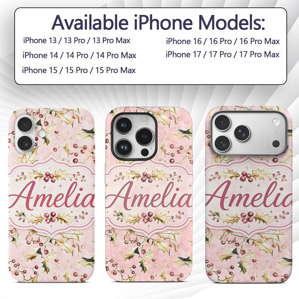 Elegant Gold Holly Berry Pink Background Seamless Custom Name Protective Phone Case Mobile Cover Durable Everyday Smartphone Shock Resistant