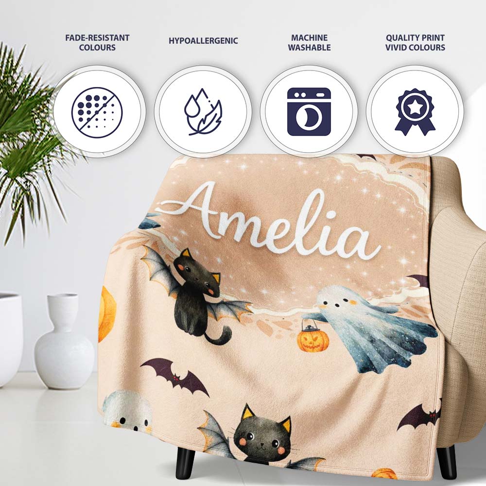 Halloween Ghost Pumpkin Cat Seamless Pattern Warm Beige Cute Spooky  Personalised Custom Name Super Soft Fleece Blanket Bed Sofa Throw