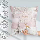 Custom Name Winter Deer Snow Forest Pink Seamless Pattern Lovely Square Filled Cushion Throw Pillow Sofa Bed Home Decor Zip Washable UK Made