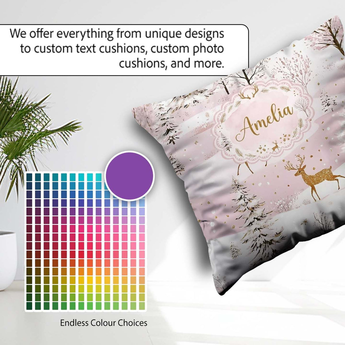 Custom Name Winter Deer Snow Forest Pink Seamless Pattern Lovely Square Filled Cushion Throw Pillow Sofa Bed Home Decor Zip Washable UK Made