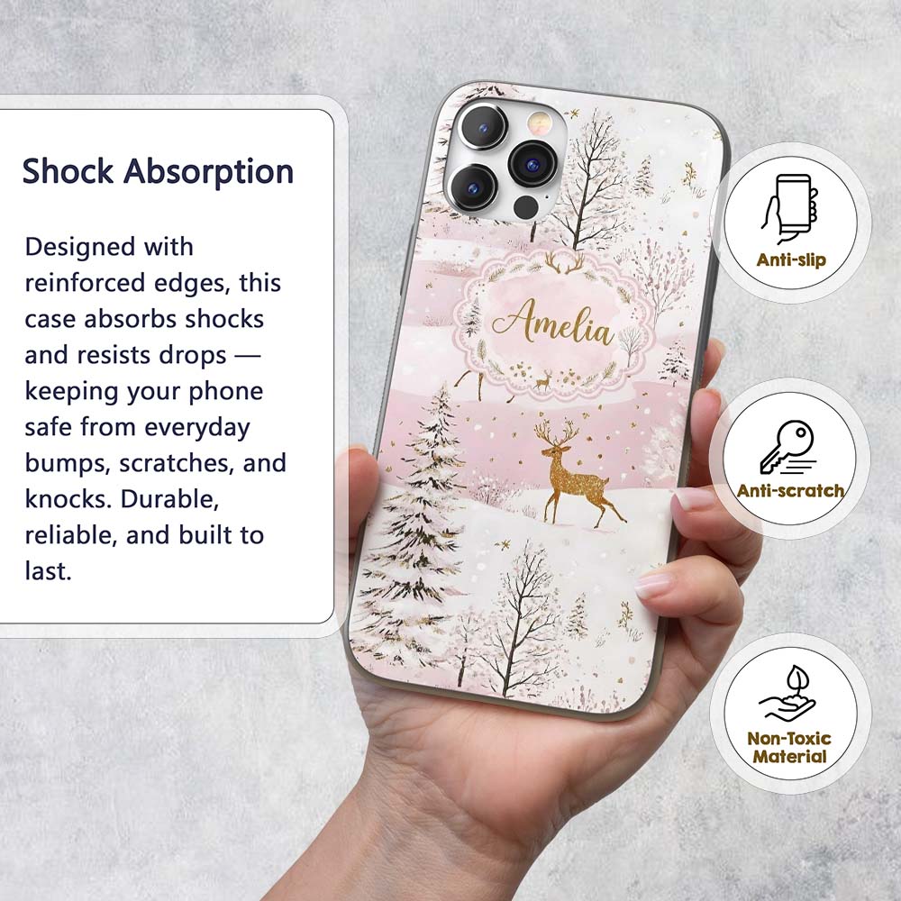 Winter Deer Snow Forest Pink Landscape Seamless Custom Name Protective Phone Case Mobile Cover Durable Everyday Smartphone Shock Resistant