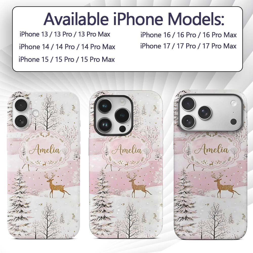 Winter Deer Snow Forest Pink Landscape Seamless Custom Name Protective Phone Case Mobile Cover Durable Everyday Smartphone Shock Resistant
