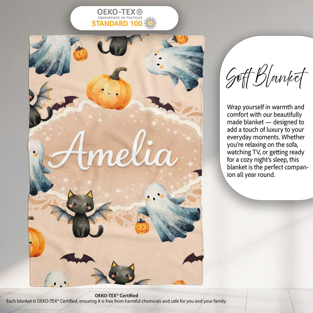 Halloween Ghost Pumpkin Cat Seamless Pattern Warm Beige Cute Spooky  Personalised Custom Name Super Soft Fleece Blanket Bed Sofa Throw