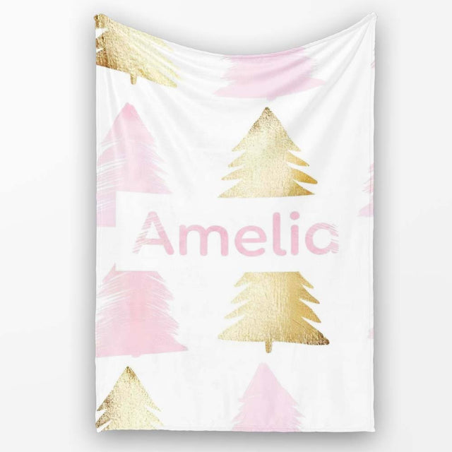 Minimal Gold Pink Christmas Tree Seamless Pattern Cute Unique Gift  Personalised Custom Name Super Soft Fleece Blanket Bed Sofa Throw