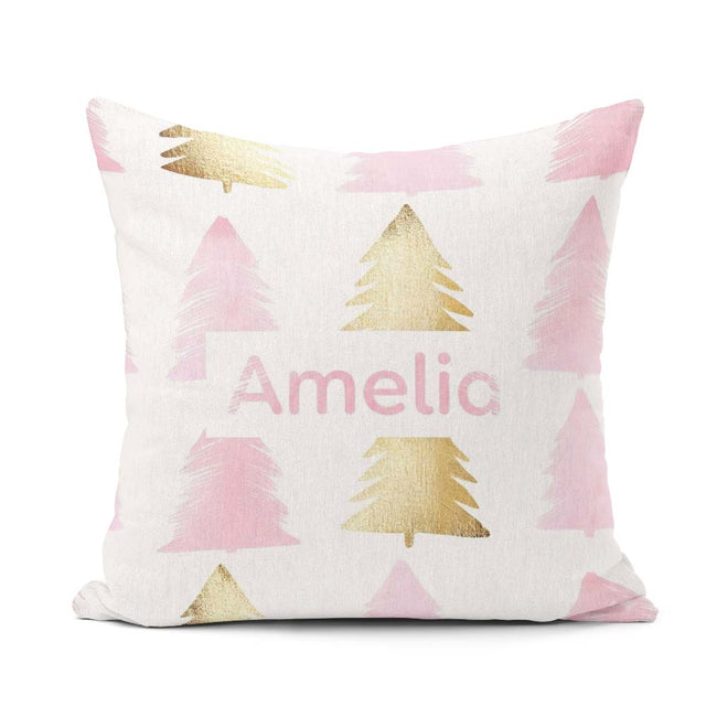 Custom Name Minimal Gold Pink Christmas Tree Seamless Pattern Square Filled Cushion Throw Pillow Sofa Bed Home Decor Zip Washable UK Made