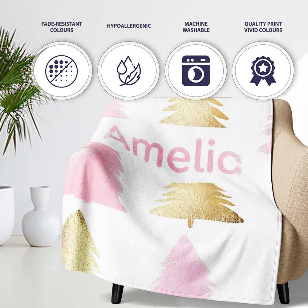 Minimal Gold Pink Christmas Tree Seamless Pattern Cute Unique Gift  Personalised Custom Name Super Soft Fleece Blanket Bed Sofa Throw