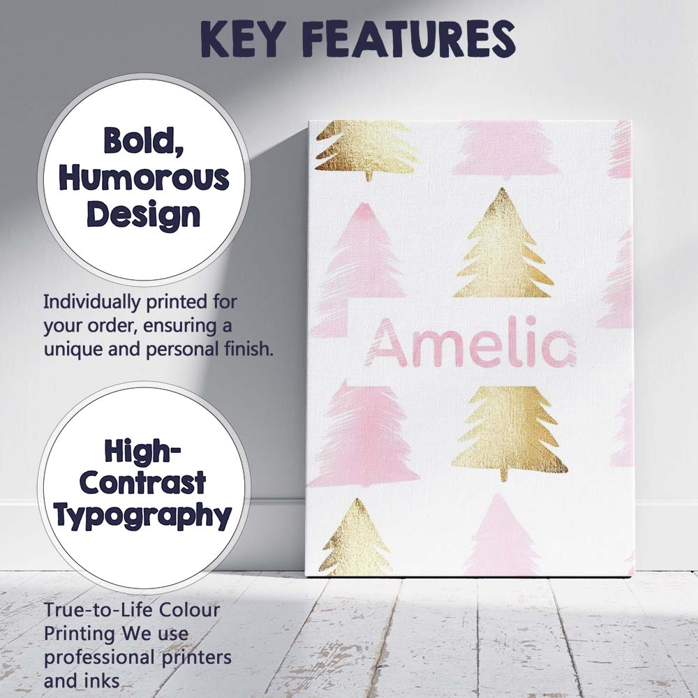 Personalised Name Minimal Gold Pink Christmas Custom Unique Gift Idea Modern Room Accent Canvas Wall Art Print Decor Picture Ready to Hang