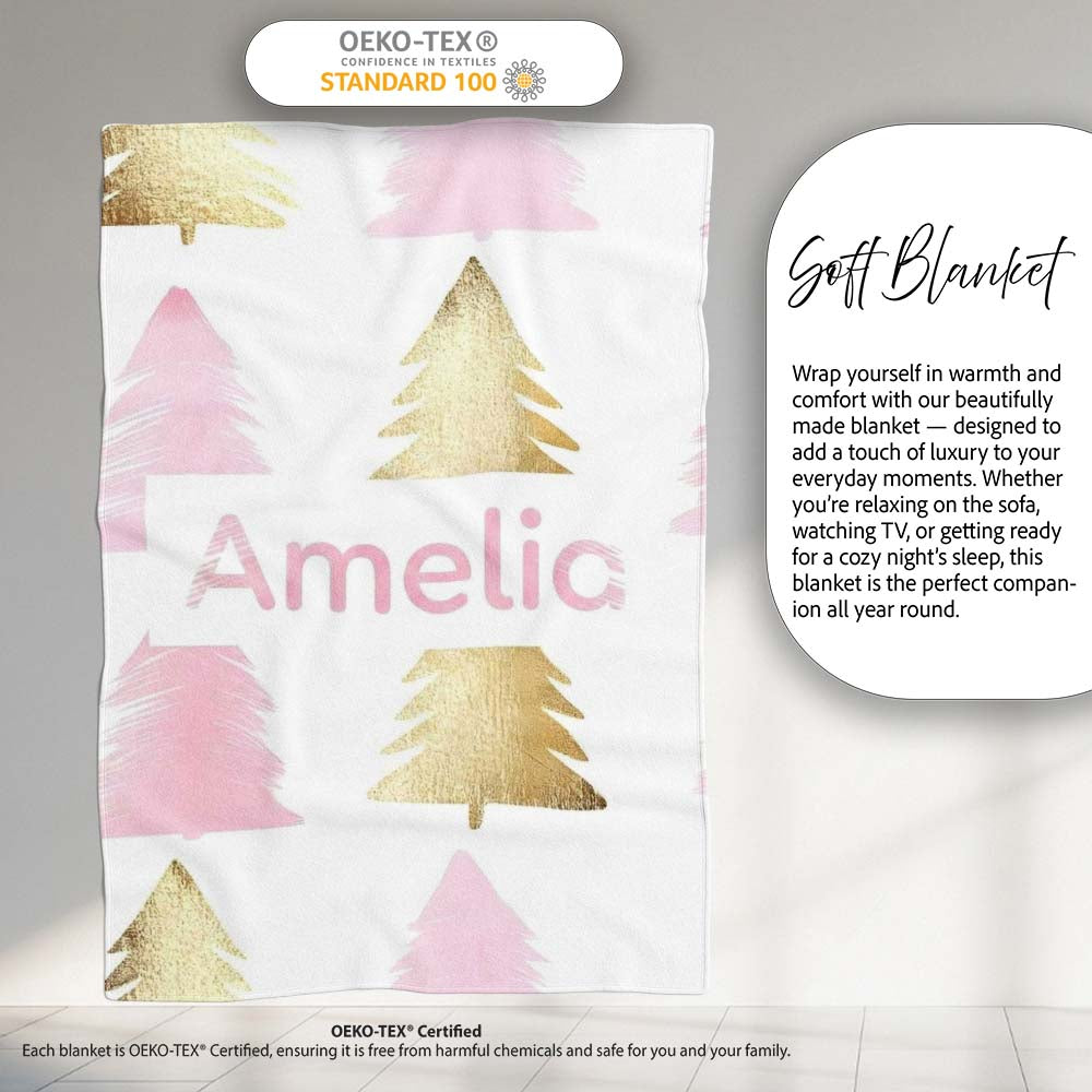 Minimal Gold Pink Christmas Tree Seamless Pattern Cute Unique Gift  Personalised Custom Name Super Soft Fleece Blanket Bed Sofa Throw