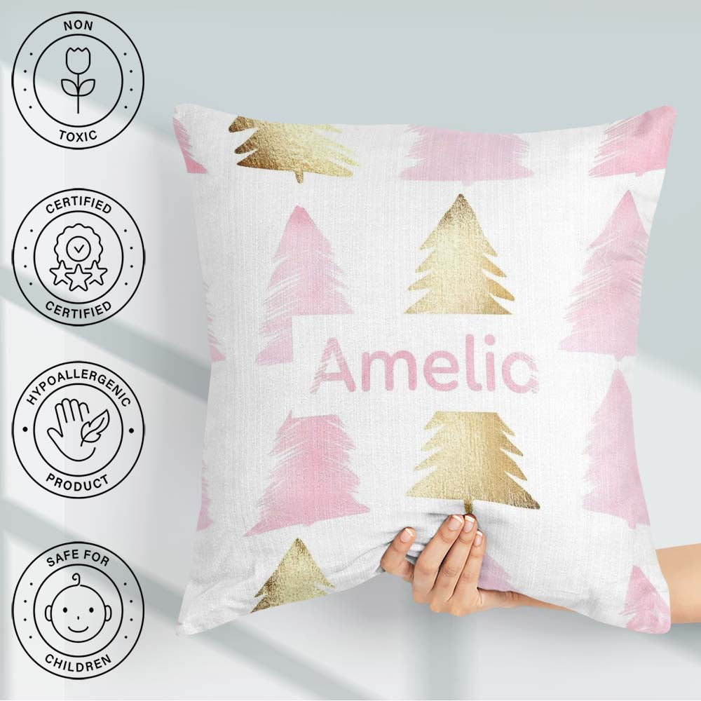 Custom Name Minimal Gold Pink Christmas Tree Seamless Pattern Square Filled Cushion Throw Pillow Sofa Bed Home Decor Zip Washable UK Made