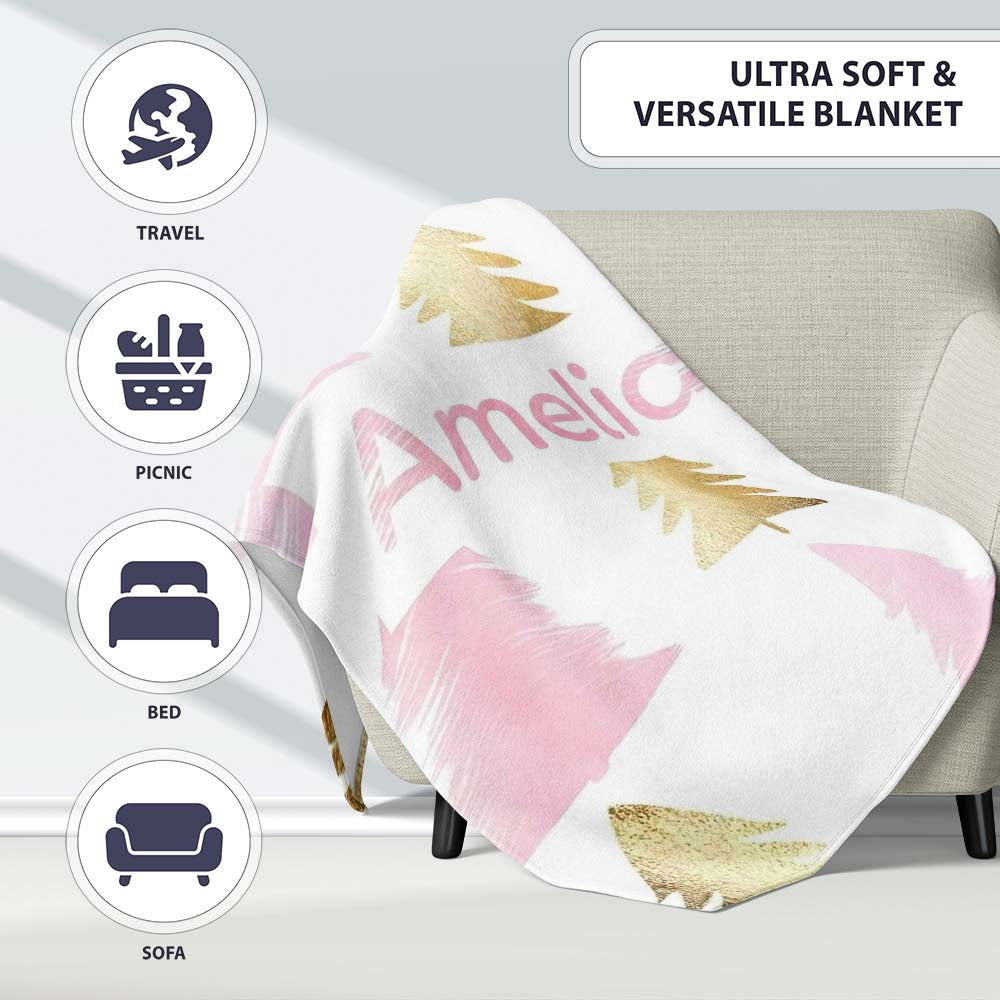 Minimal Gold Pink Christmas Tree Seamless Pattern Cute Unique Gift  Personalised Custom Name Super Soft Fleece Blanket Bed Sofa Throw