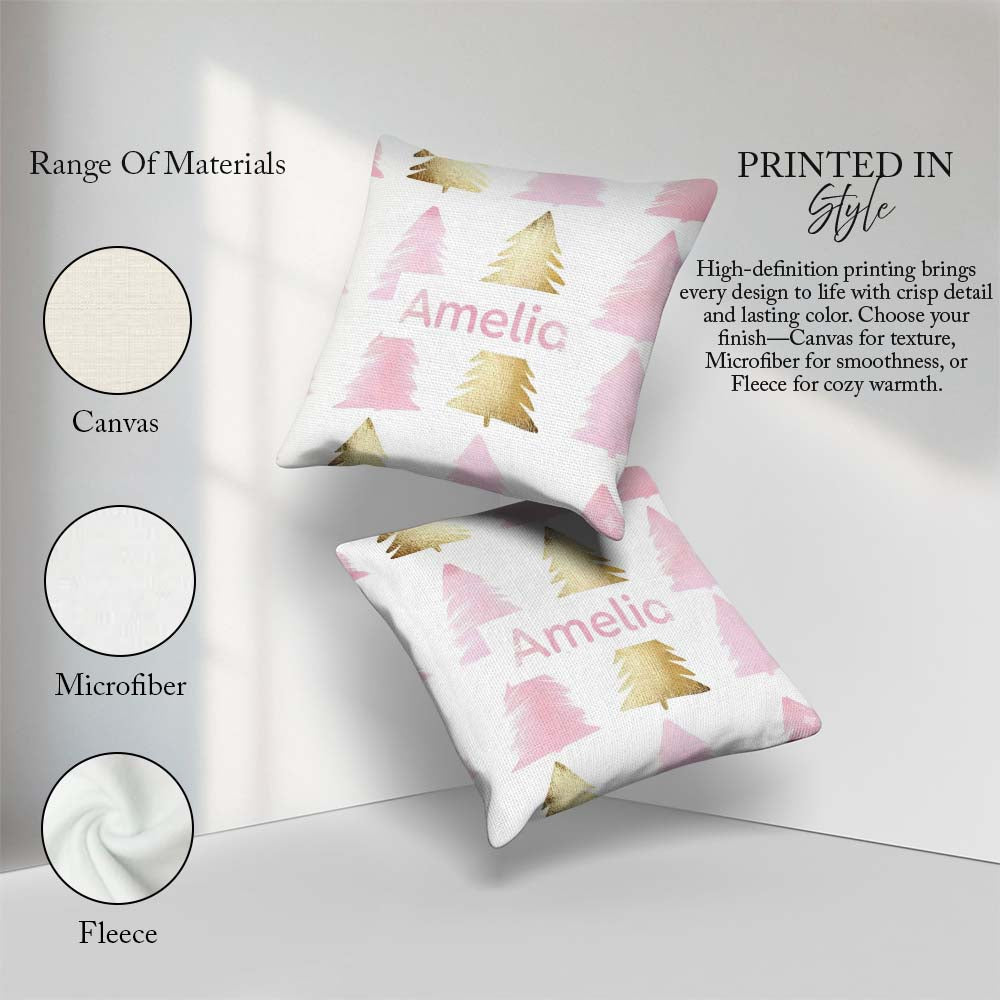 Custom Name Minimal Gold Pink Christmas Tree Seamless Pattern Square Filled Cushion Throw Pillow Sofa Bed Home Decor Zip Washable UK Made