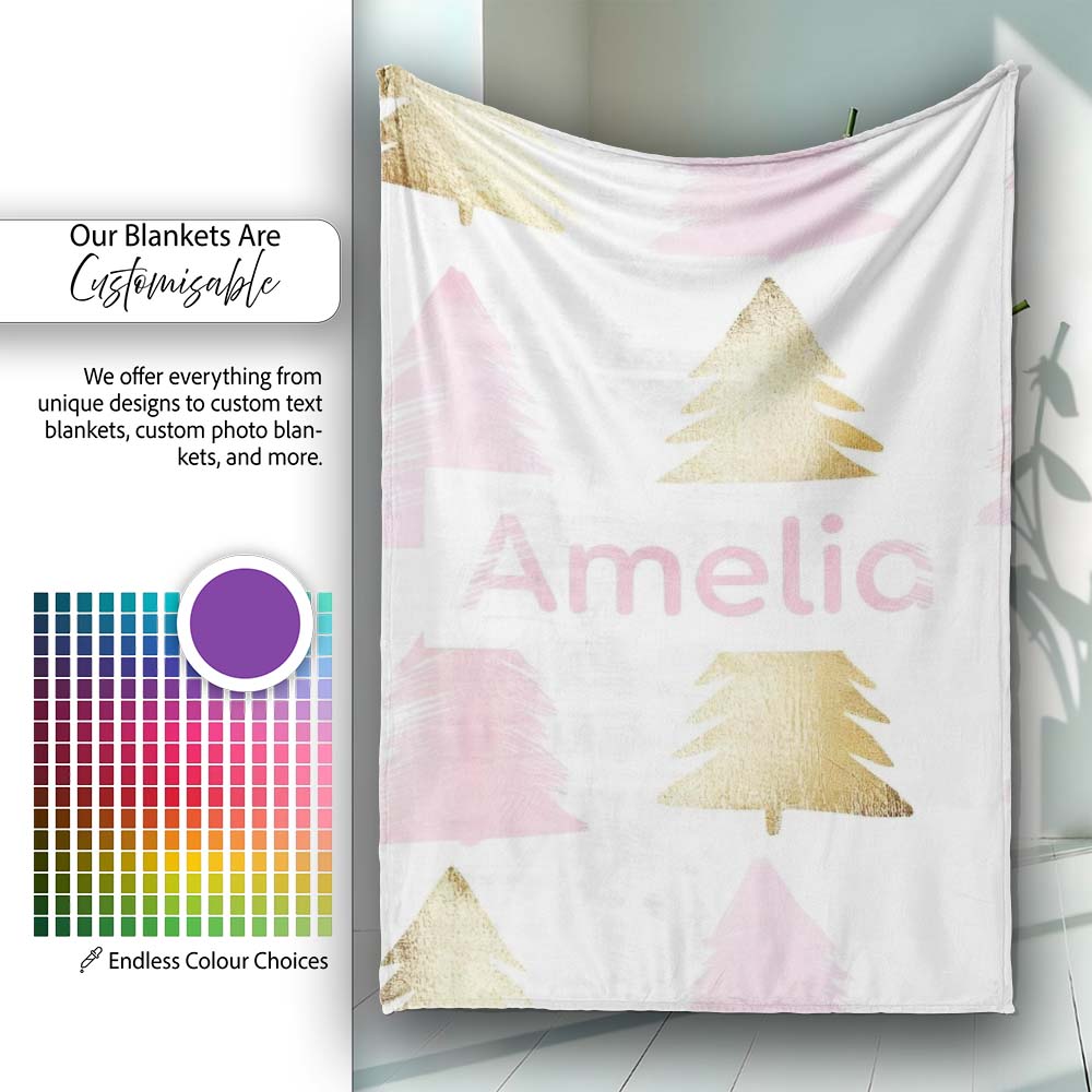 Minimal Gold Pink Christmas Tree Seamless Pattern Cute Unique Gift  Personalised Custom Name Super Soft Fleece Blanket Bed Sofa Throw