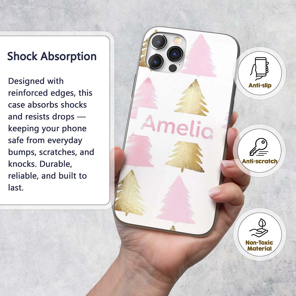 Minimal Gold Pink Christmas Tree Seamless Pattern Custom Name Protective Phone Case Mobile Cover Durable Everyday Smartphone Shock Resistant