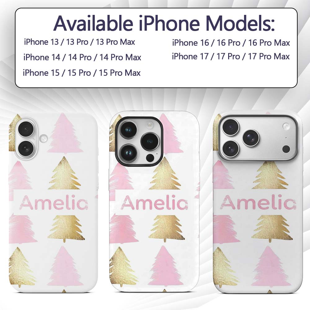 Minimal Gold Pink Christmas Tree Seamless Pattern Custom Name Protective Phone Case Mobile Cover Durable Everyday Smartphone Shock Resistant