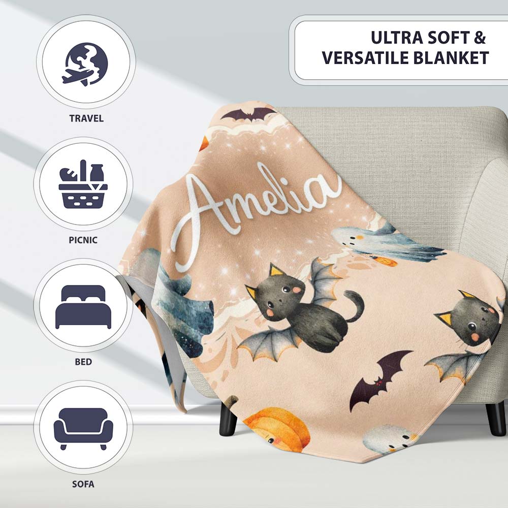 Halloween Ghost Pumpkin Cat Seamless Pattern Warm Beige Cute Spooky  Personalised Custom Name Super Soft Fleece Blanket Bed Sofa Throw