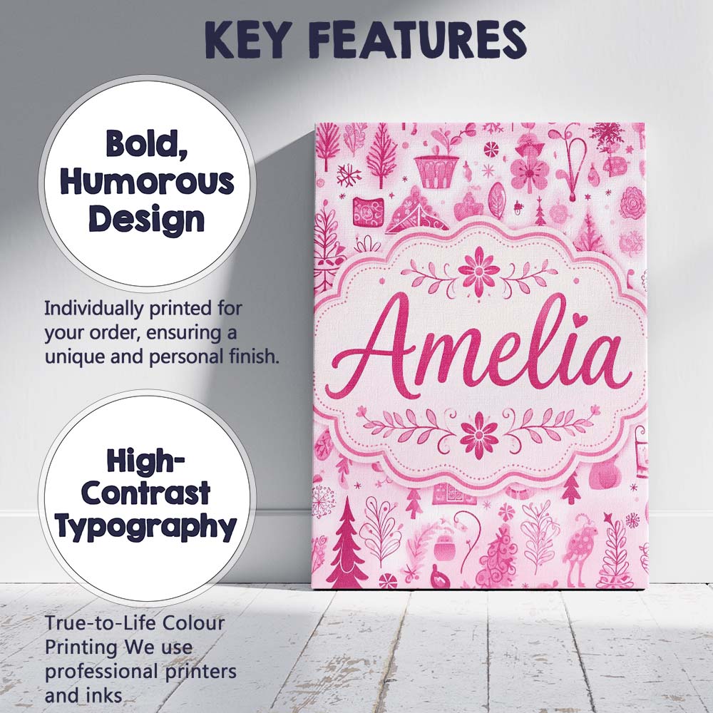 Personalised Name Cute Pink Folk Custom Bespoke  Unique Gift Idea Elegant Feature Canvas Wall Art Print Decor Picture Ready to Hang