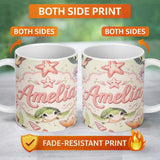 Personalized Custom Name Cute Kawaii Sea Turtle Starfish Shells Ocean Friends Cream Lovely 11oz Ceramic Coffee Tea Mug White Large Handle