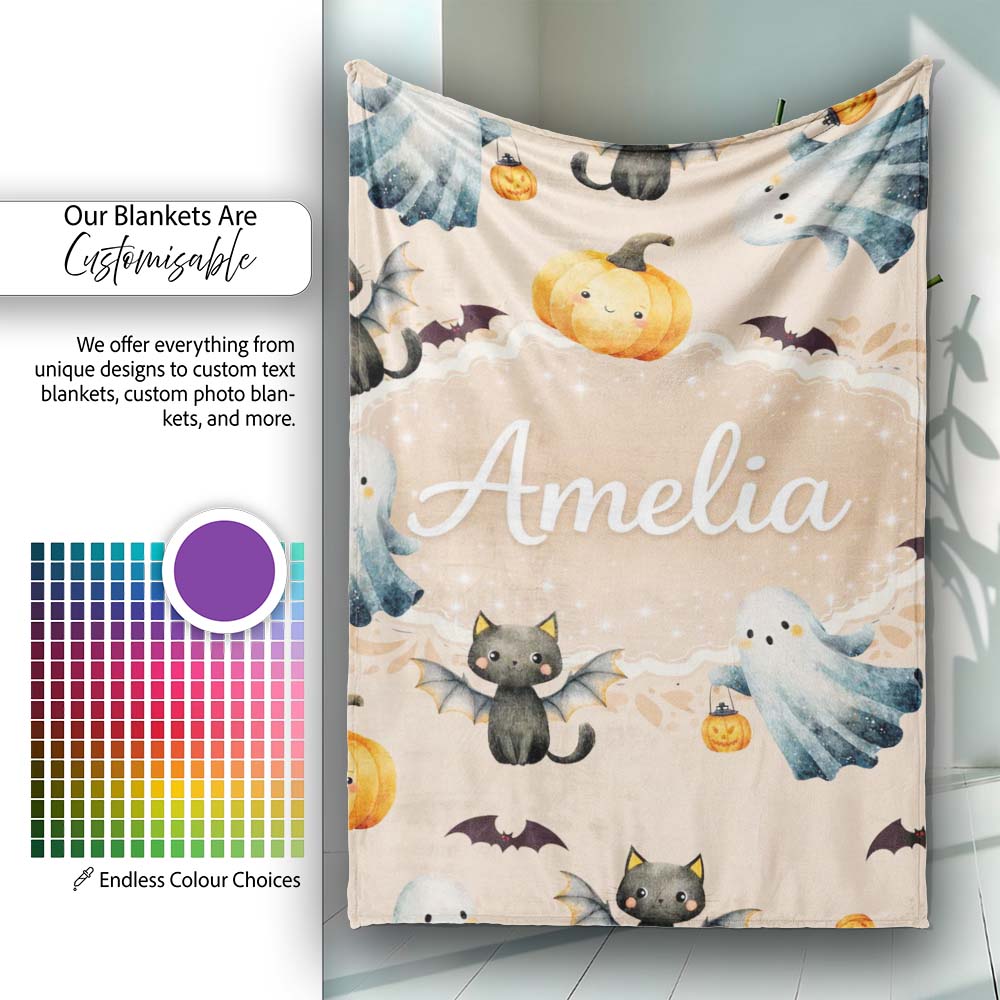 Halloween Ghost Pumpkin Cat Seamless Pattern Warm Beige Cute Spooky  Personalised Custom Name Super Soft Fleece Blanket Bed Sofa Throw