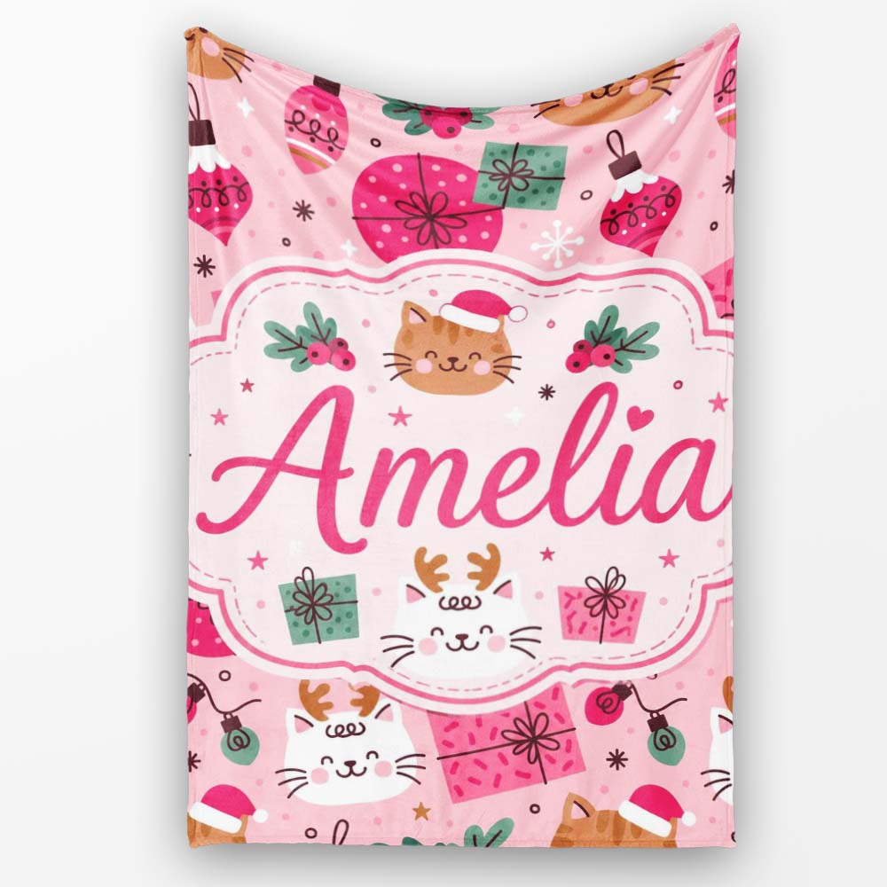 Cute Christmas Cats Gifts Baubles Festive Seamless Pattern Lovely  Personalised Custom Name Super Soft Fleece Blanket Bed Sofa Throw
