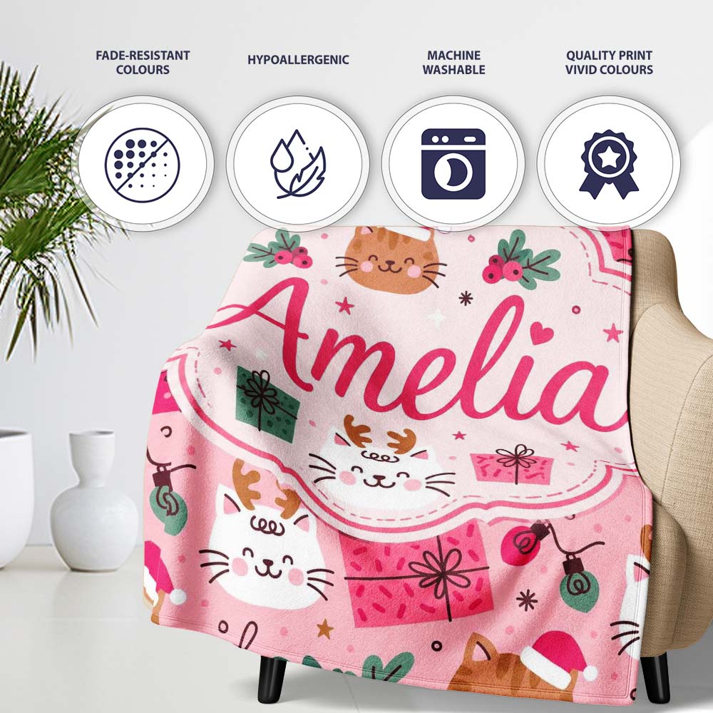 Cute Christmas Cats Gifts Baubles Festive Seamless Pattern Lovely  Personalised Custom Name Super Soft Fleece Blanket Bed Sofa Throw
