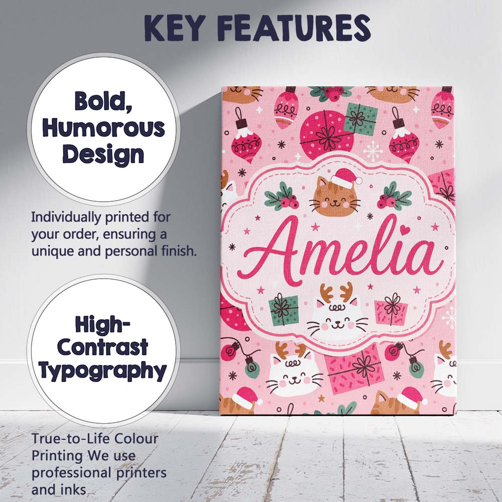 Personalised Name Cute Christmas Cats Gifts Custom  Bespoke Interior Contemporary Canvas Wall Art Print Decor Picture Ready to Hang