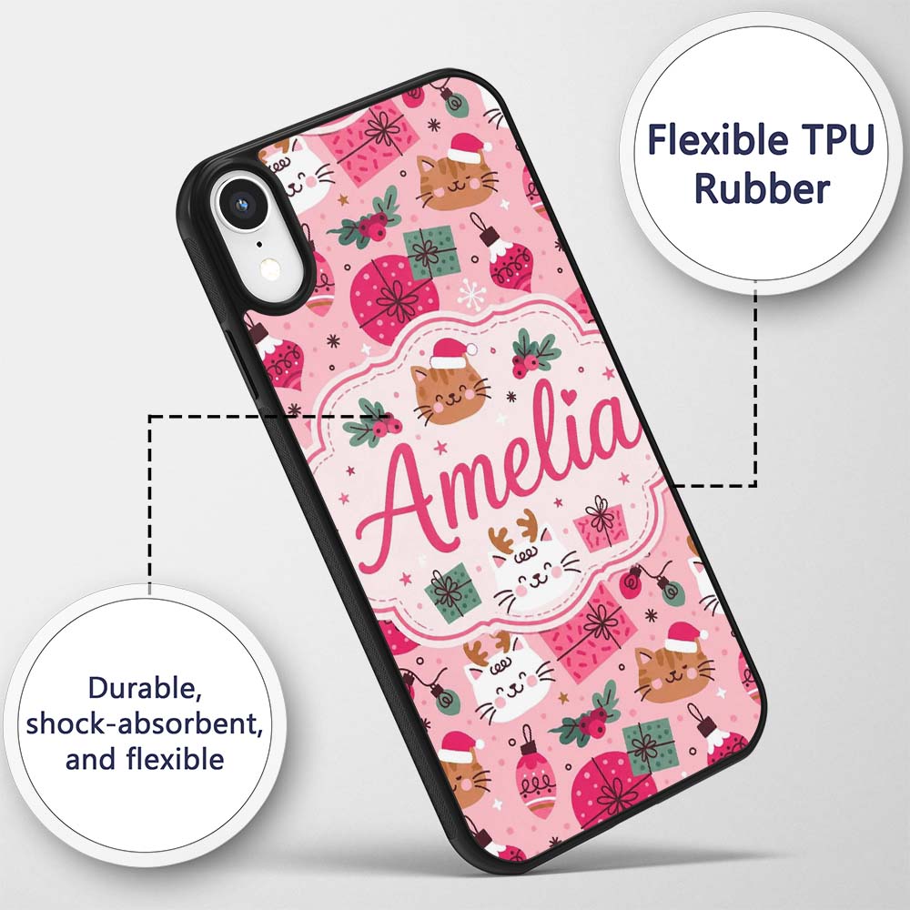 Cute Christmas Cats Gifts Baubles Printed Design Custom Name Protective Phone Case Mobile Cover Durable Everyday Smartphone Shock Resistant