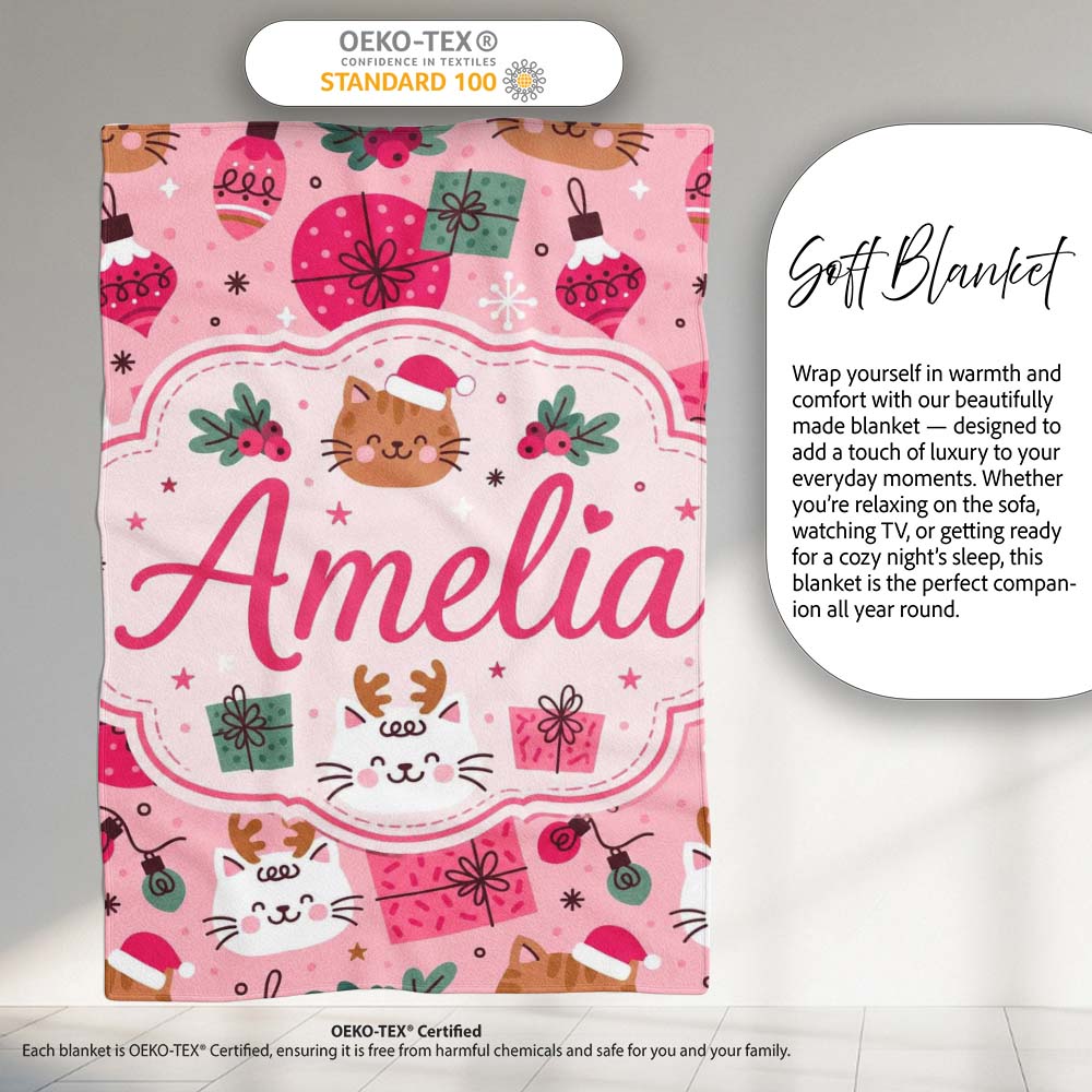 Cute Christmas Cats Gifts Baubles Festive Seamless Pattern Lovely  Personalised Custom Name Super Soft Fleece Blanket Bed Sofa Throw