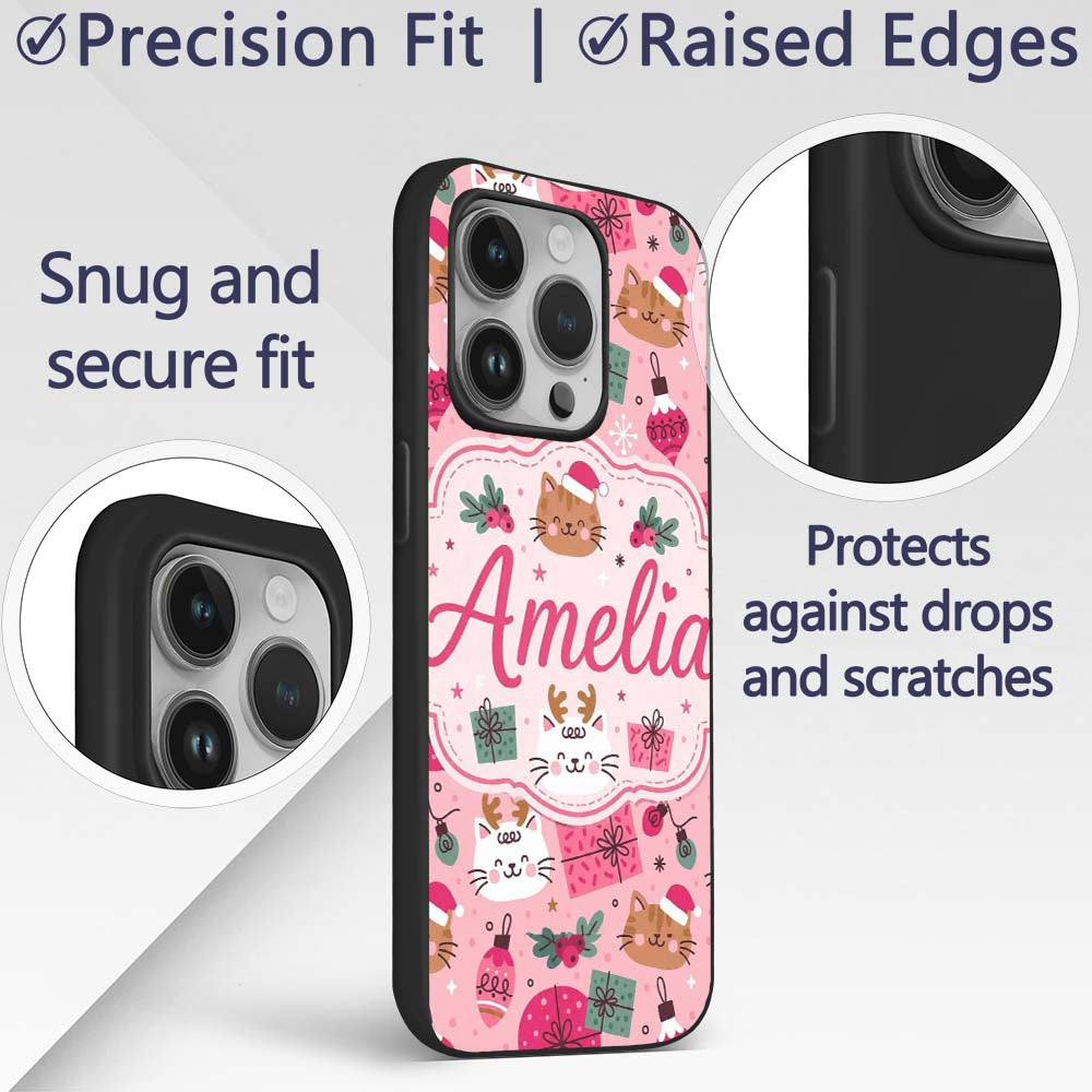 Cute Christmas Cats Gifts Baubles Printed Design Custom Name Protective Phone Case Mobile Cover Durable Everyday Smartphone Shock Resistant