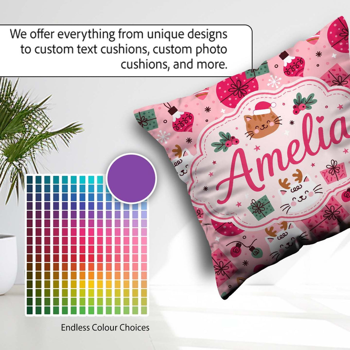 Custom Name Cute Christmas Cats Baubles Festive Seamless Pattern Square Filled Cushion Throw Pillow Sofa Bed Home Decor Zip Washable UK Made