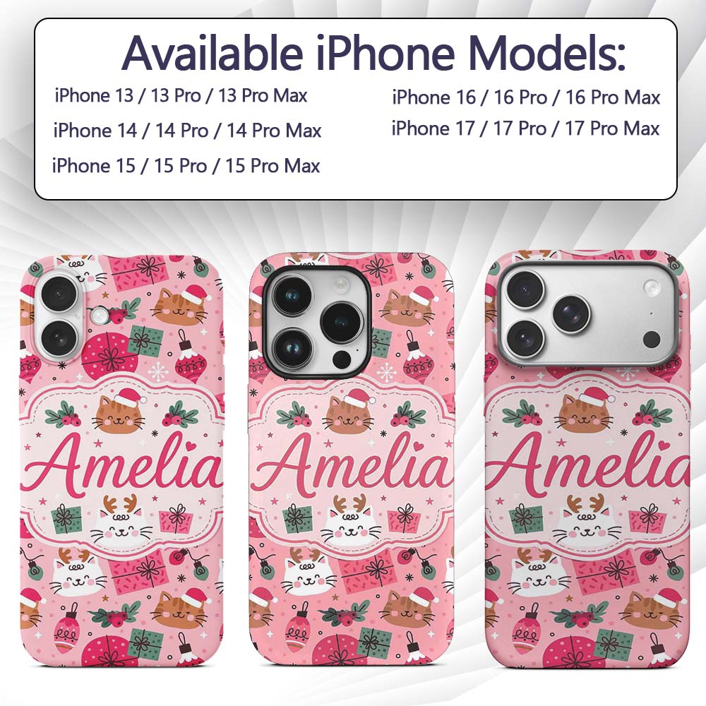Cute Christmas Cats Gifts Baubles Printed Design Custom Name Protective Phone Case Mobile Cover Durable Everyday Smartphone Shock Resistant