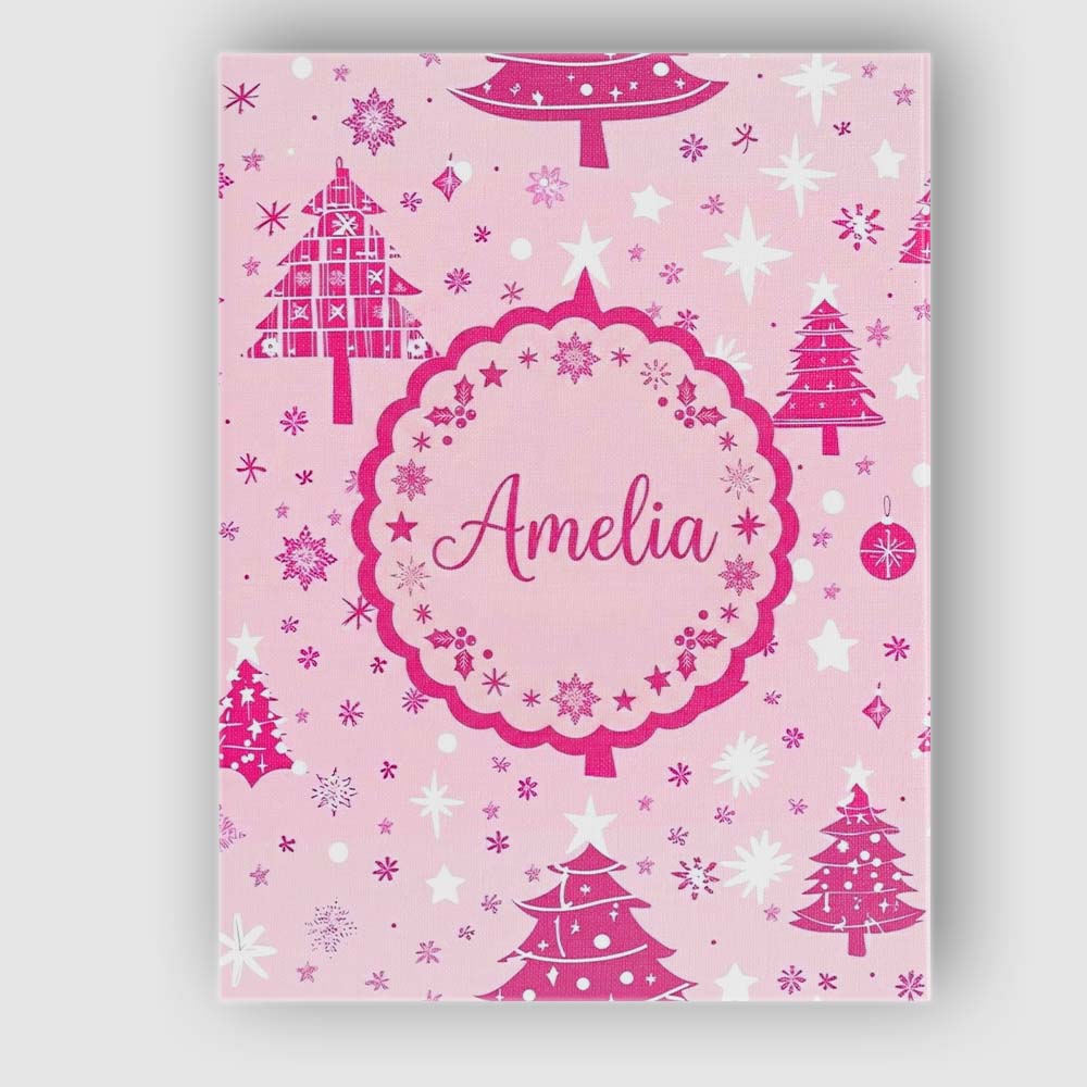 Personalised Name Pink Christmas Tree Custom Modern Room Accent Creative Decorator Style Canvas Wall Art Print Decor Picture Ready to Hang