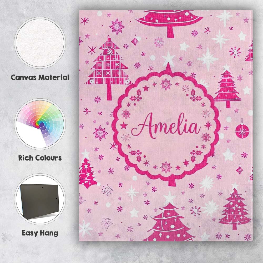 Personalised Name Pink Christmas Tree Custom Modern Room Accent Creative Decorator Style Canvas Wall Art Print Decor Picture Ready to Hang