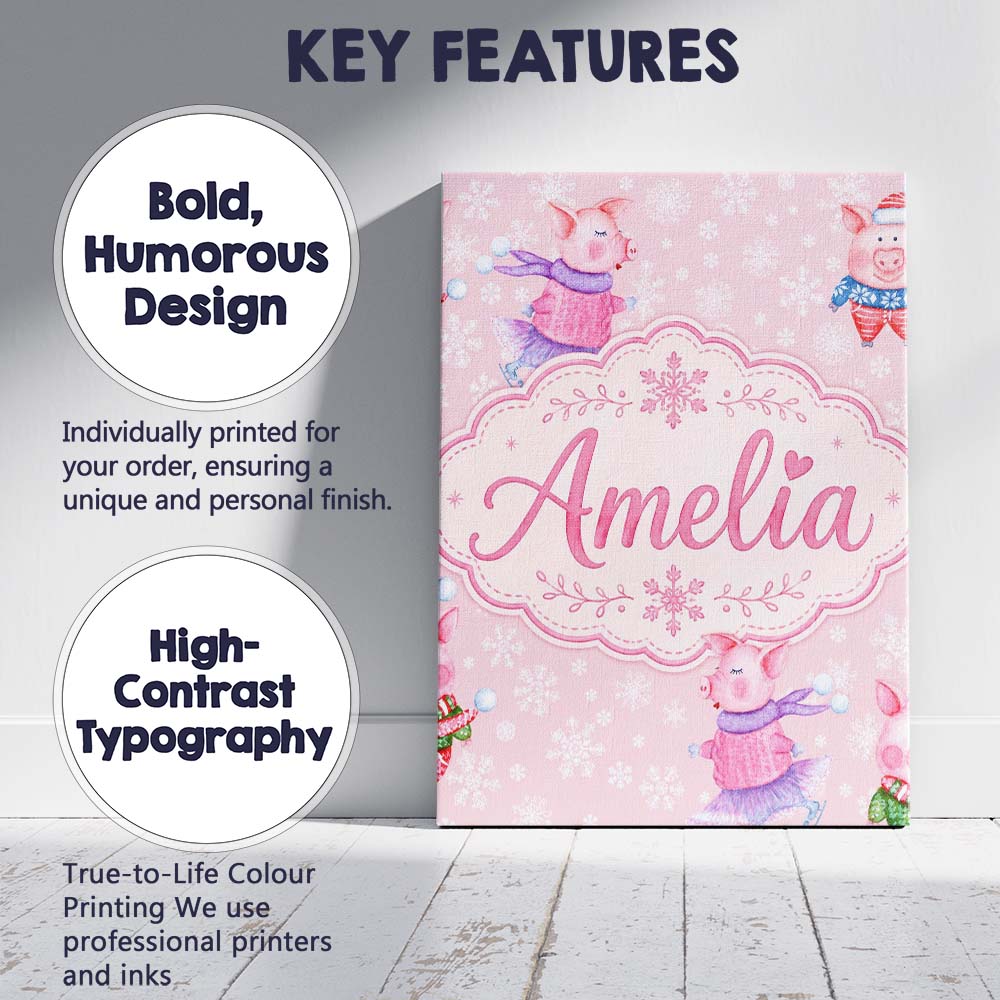 Personalised Name Cute Winter Pig Snowflake Custom  Bespoke Interior Contemporary Canvas Wall Art Print Decor Picture Ready to Hang