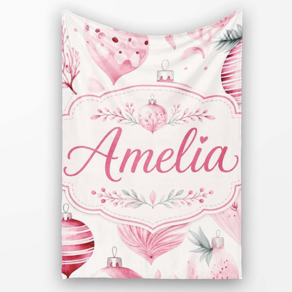 Elegant Pink Christmas Baubles Watercolor Seamless Pattern Lovely  Personalised Custom Name Super Soft Fleece Blanket Bed Sofa Throw