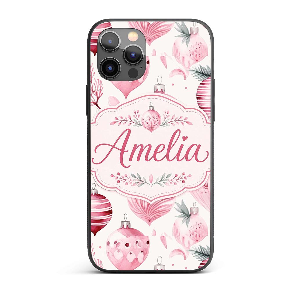 Elegant Pink Christmas Baubles Printed Design Custom Name Protective Phone Case Mobile Cover Durable Everyday Smartphone Shock Resistant