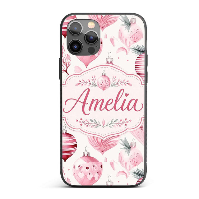 Elegant Pink Christmas Baubles Printed Design Custom Name Protective Phone Case Mobile Cover Durable Everyday Smartphone Shock Resistant