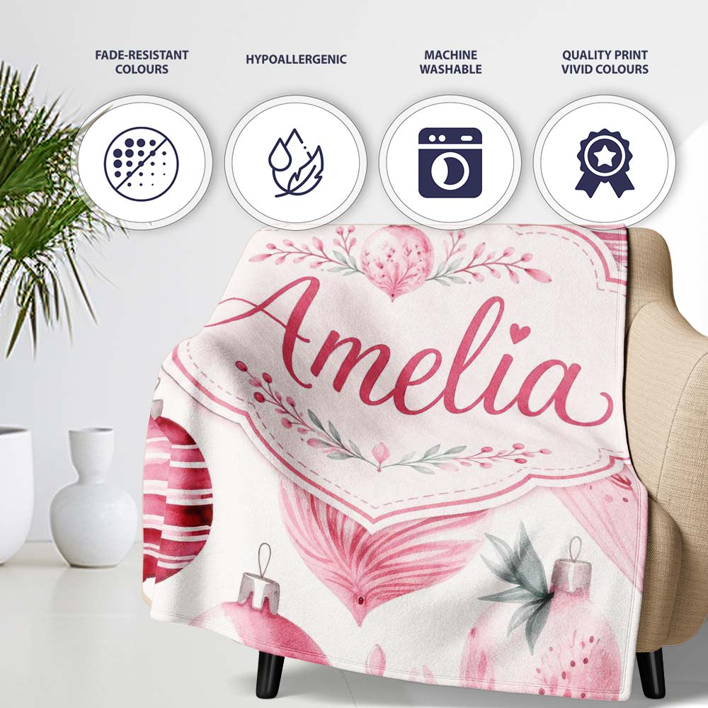 Elegant Pink Christmas Baubles Watercolor Seamless Pattern Lovely  Personalised Custom Name Super Soft Fleece Blanket Bed Sofa Throw