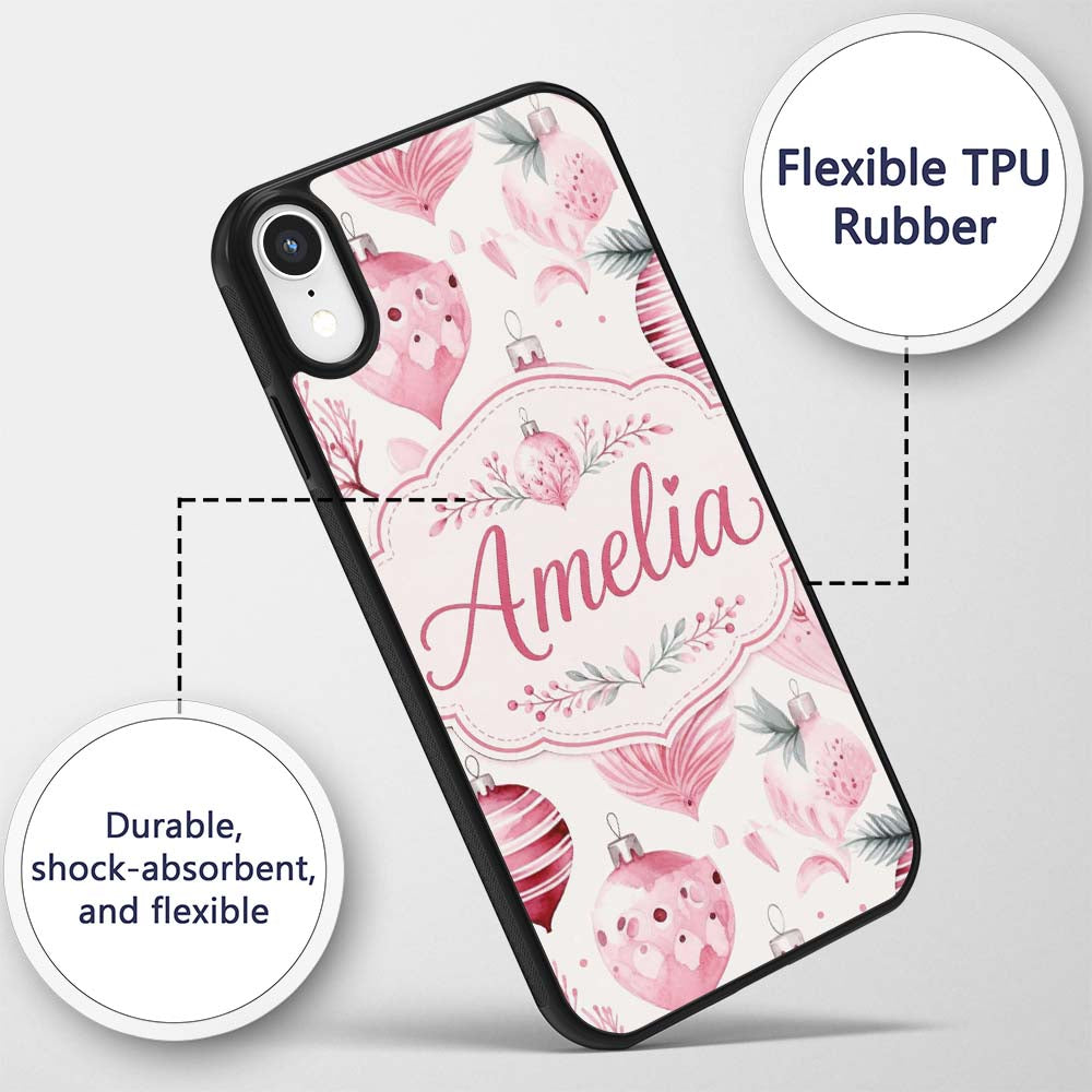 Elegant Pink Christmas Baubles Printed Design Custom Name Protective Phone Case Mobile Cover Durable Everyday Smartphone Shock Resistant