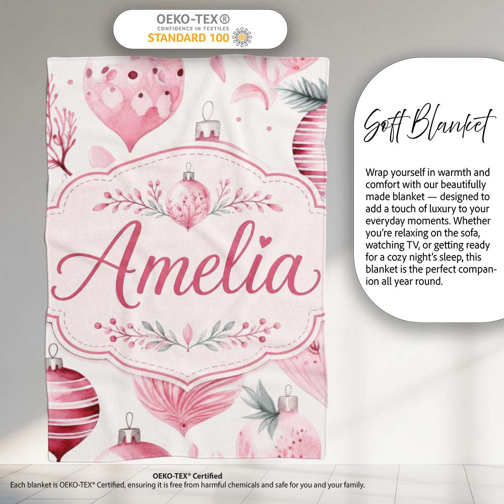Elegant Pink Christmas Baubles Watercolor Seamless Pattern Lovely  Personalised Custom Name Super Soft Fleece Blanket Bed Sofa Throw