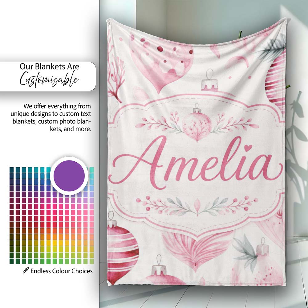 Elegant Pink Christmas Baubles Watercolor Seamless Pattern Lovely  Personalised Custom Name Super Soft Fleece Blanket Bed Sofa Throw