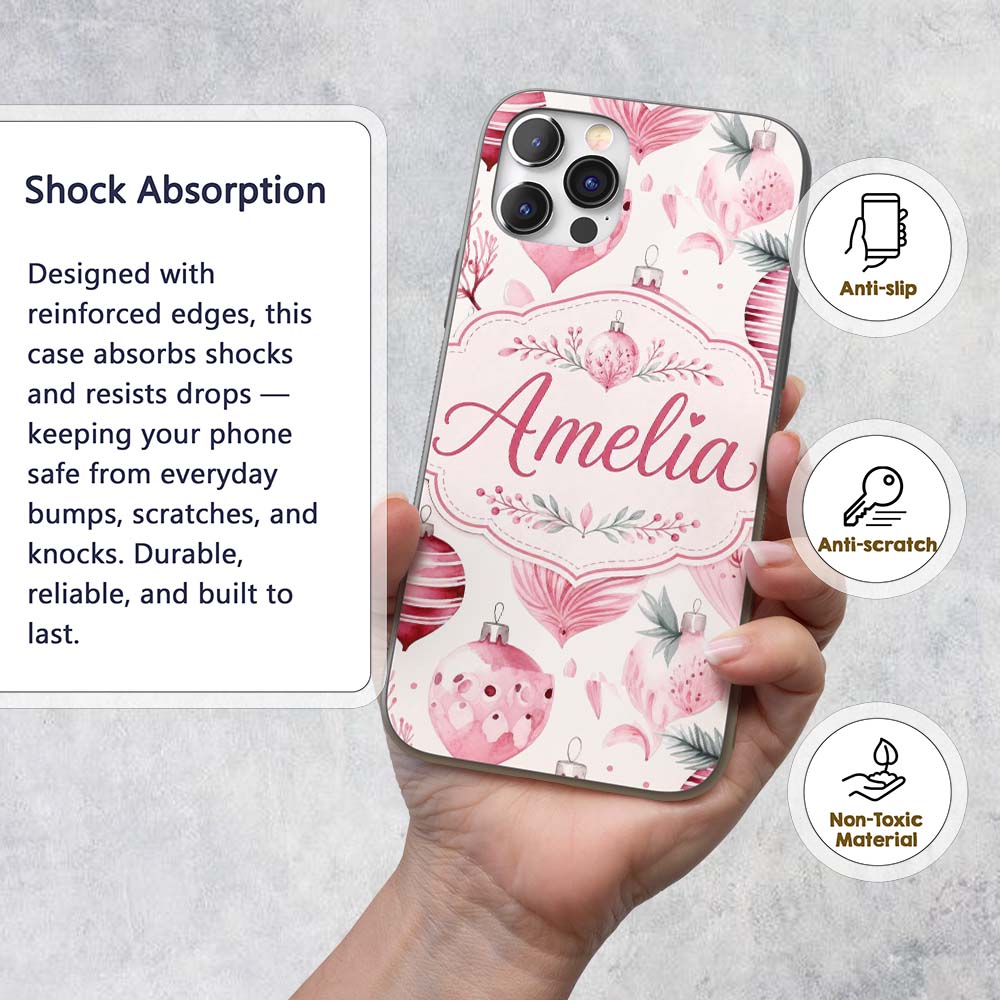 Elegant Pink Christmas Baubles Printed Design Custom Name Protective Phone Case Mobile Cover Durable Everyday Smartphone Shock Resistant