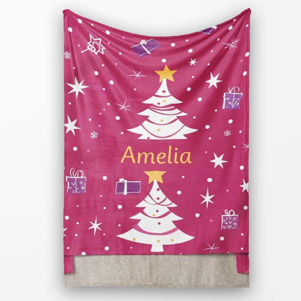 White Christmas Tree Star Gift Festive Seamless Pattern Lovely  Personalised Custom Name Super Soft Fleece Blanket Bed Sofa Throw