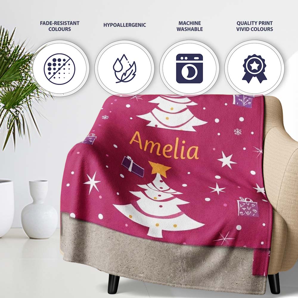 White Christmas Tree Star Gift Festive Seamless Pattern Lovely  Personalised Custom Name Super Soft Fleece Blanket Bed Sofa Throw