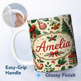 Personalized Custom Name Christmas Stocking Holly Bell Gift Festive Seamless Pattern Lovely 11oz Ceramic Coffee Tea Mug White Large Handle