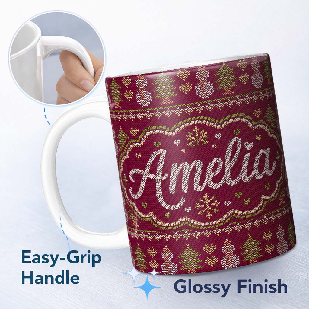 Personalized Custom Name Cute Burgundy Christmas Tree Ornament Nordic Knitted Seamless Lovely 11oz Ceramic Coffee Tea Mug White Large Handle