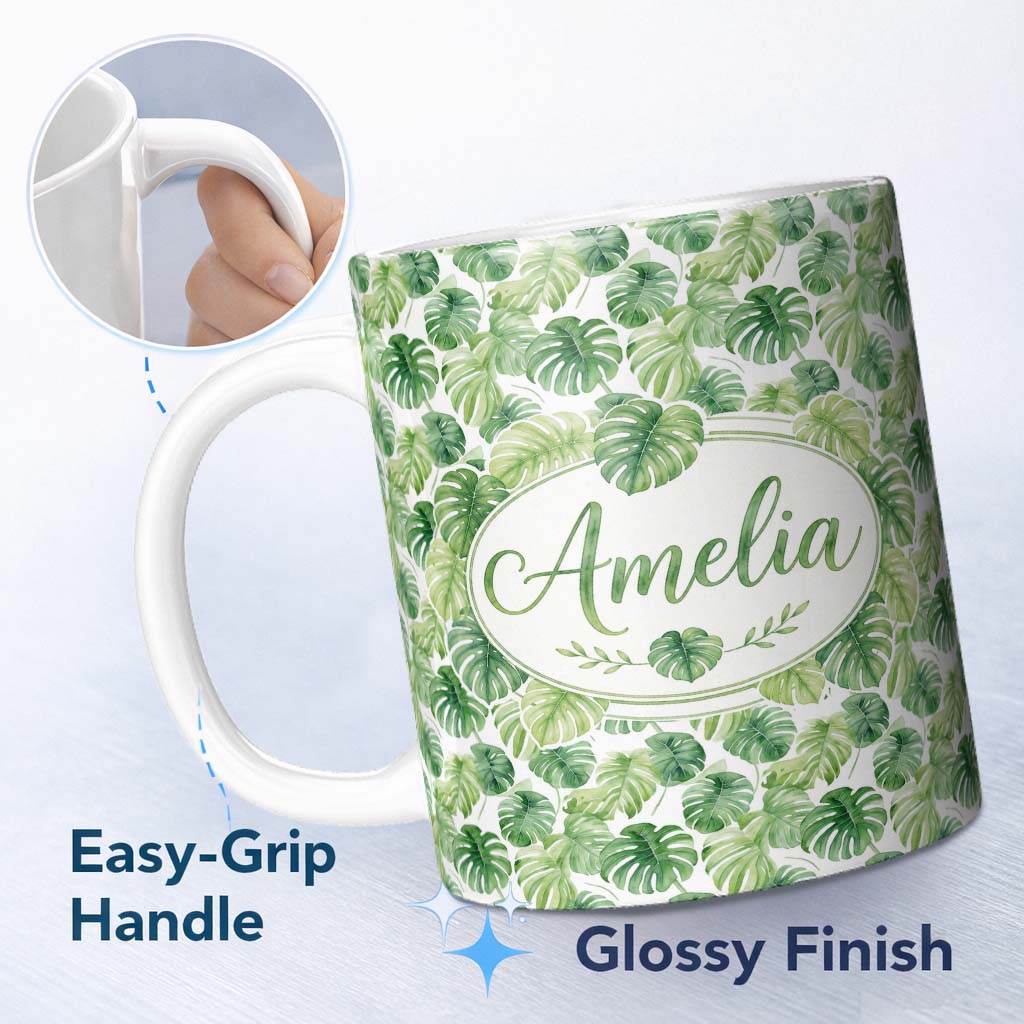 Personalized Custom Name Light Green Botanical Monstera Leaf Arrangement Seamless Pattern 11oz Ceramic Coffee Tea Mug White Large Handle