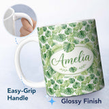 Personalized Custom Name Light Green Botanical Monstera Leaf Arrangement Seamless Pattern 11oz Ceramic Coffee Tea Mug White Large Handle