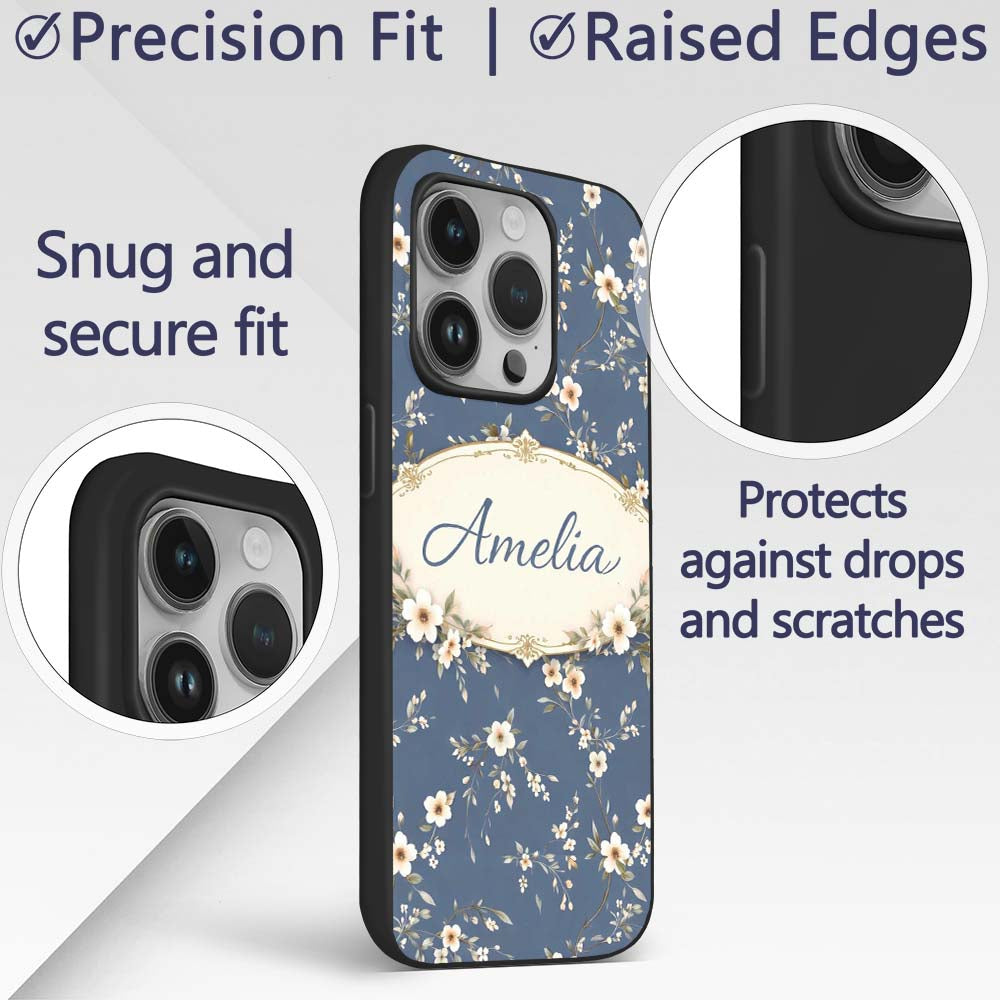 Elegant Navy Floral Vine Delicate Printed Design Custom Name Protective Phone Case Mobile Cover Durable Everyday Smartphone Shock Resistant